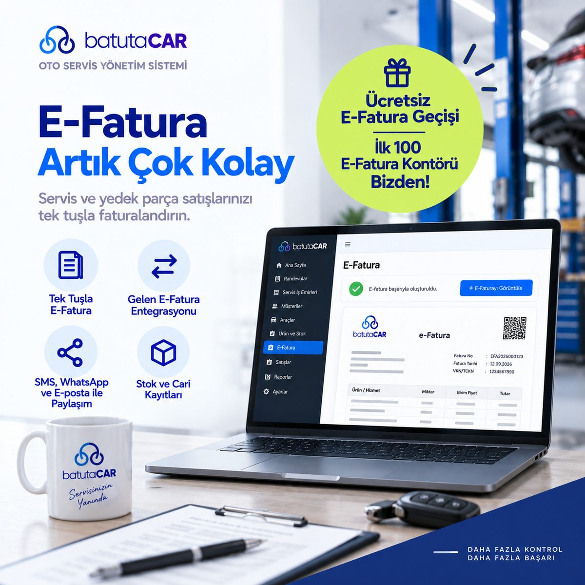 BatutaCar e-fatura ekranı — tek tuşla e-fatura, gelen e-fatura entegrasyonu, SMS ve WhatsApp ile paylaşım, stok ve cari kayıtları