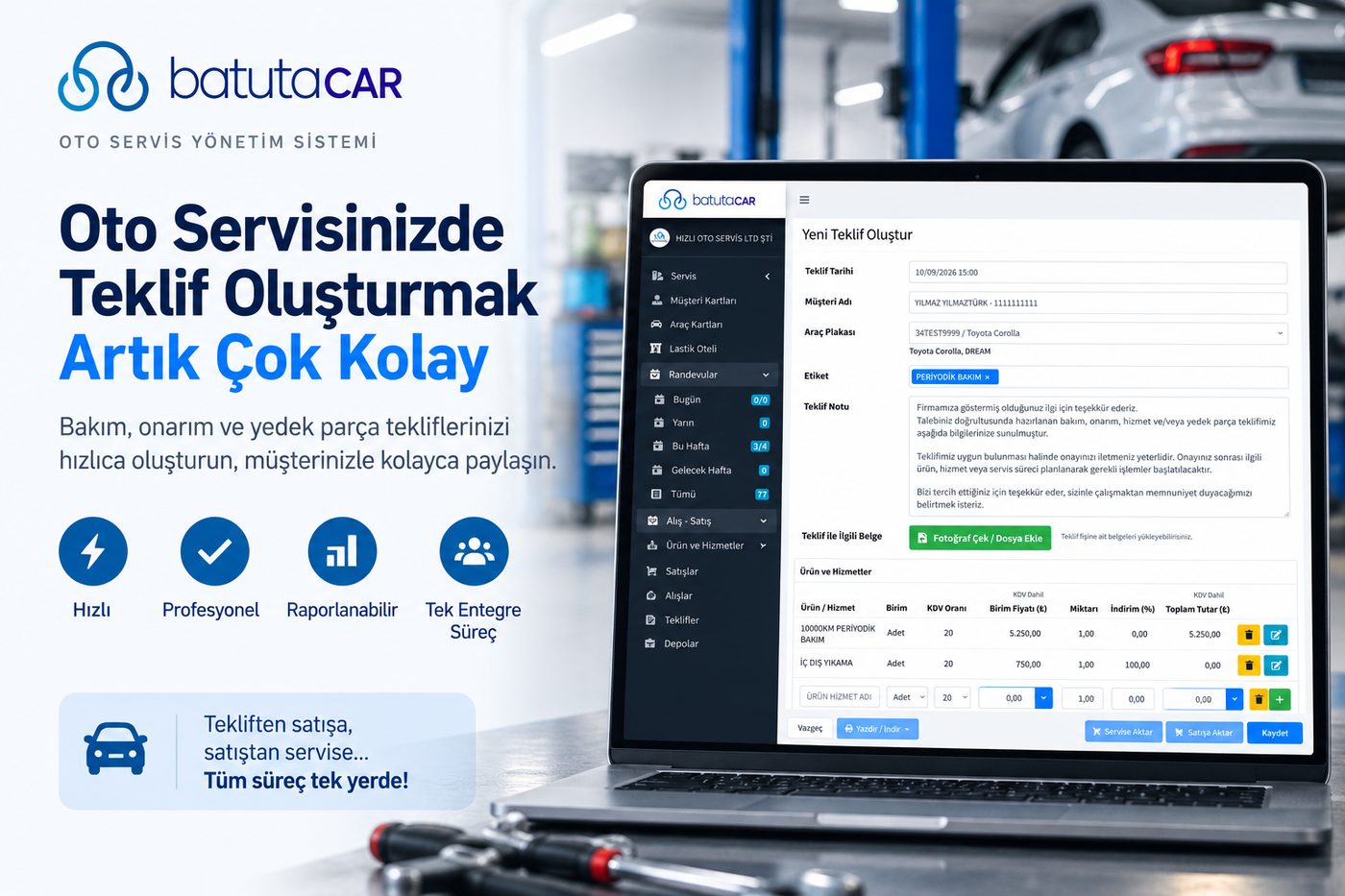 BatutaCar teklif oluşturma ekranı — yeni teklif, ürün ve hizmetler, servise ve satışa aktarma